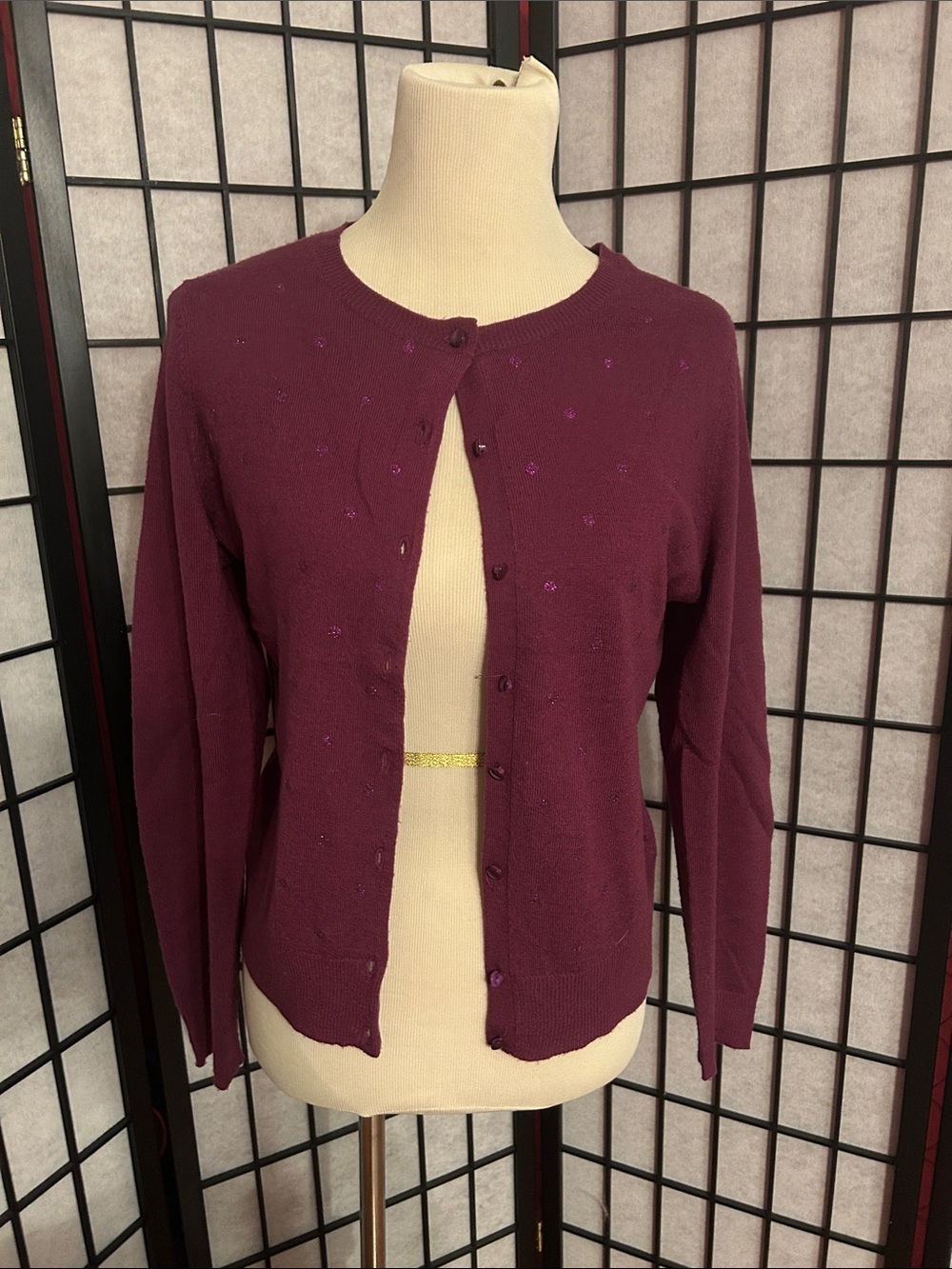Women's Burgundy Button-Up Crewneck cardigan Sweater